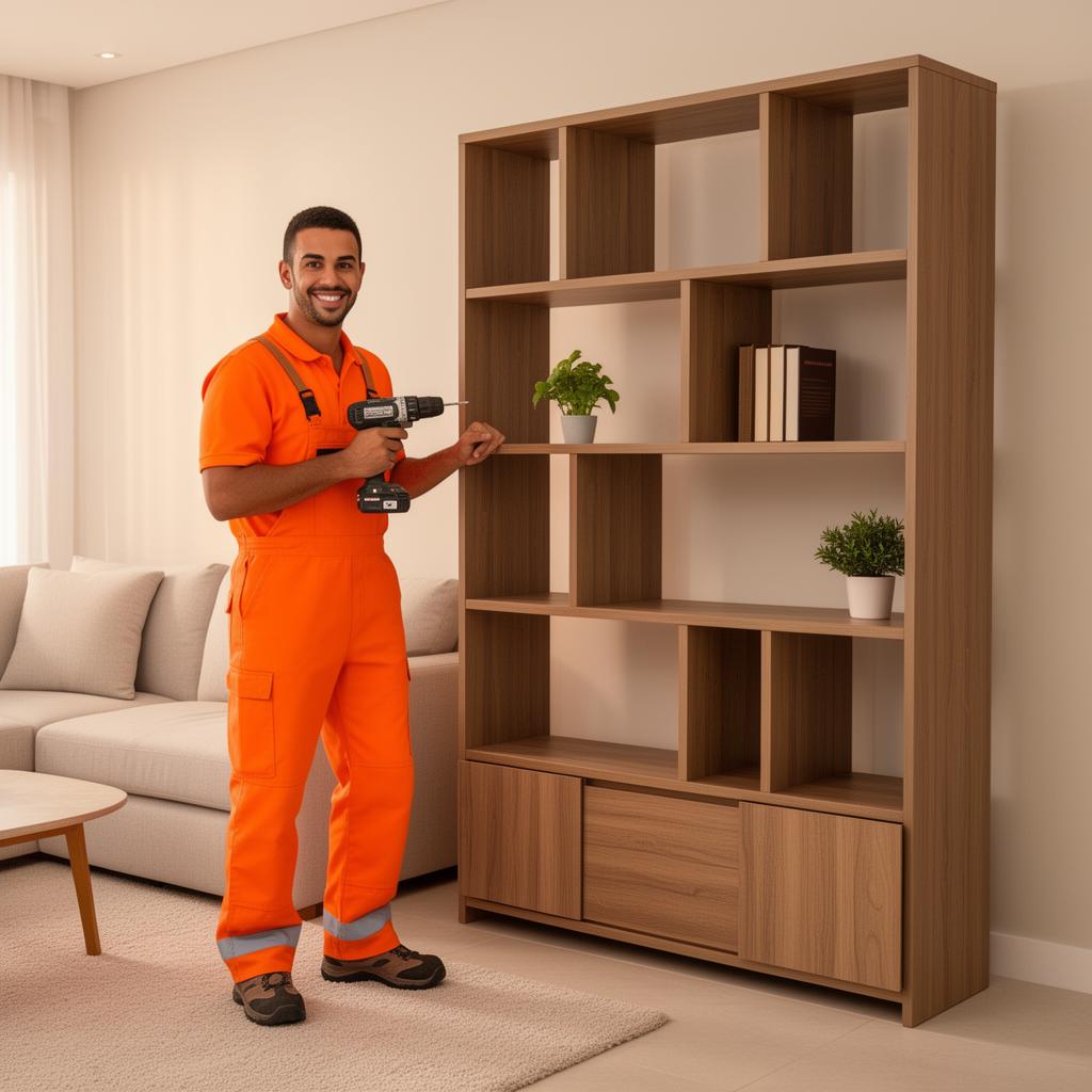 Montador profissional sorrindo ao lado de móvel montado